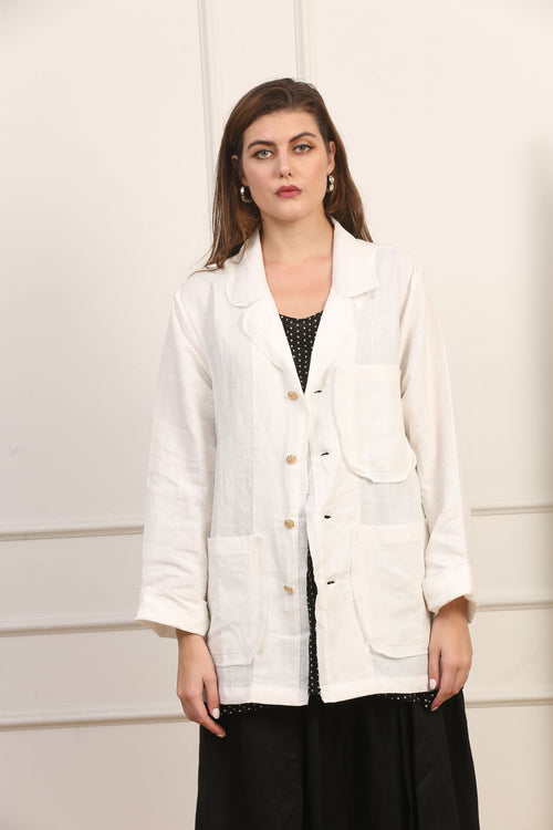 Giacca Lunga in Lino Bianco con Tasche Applicate