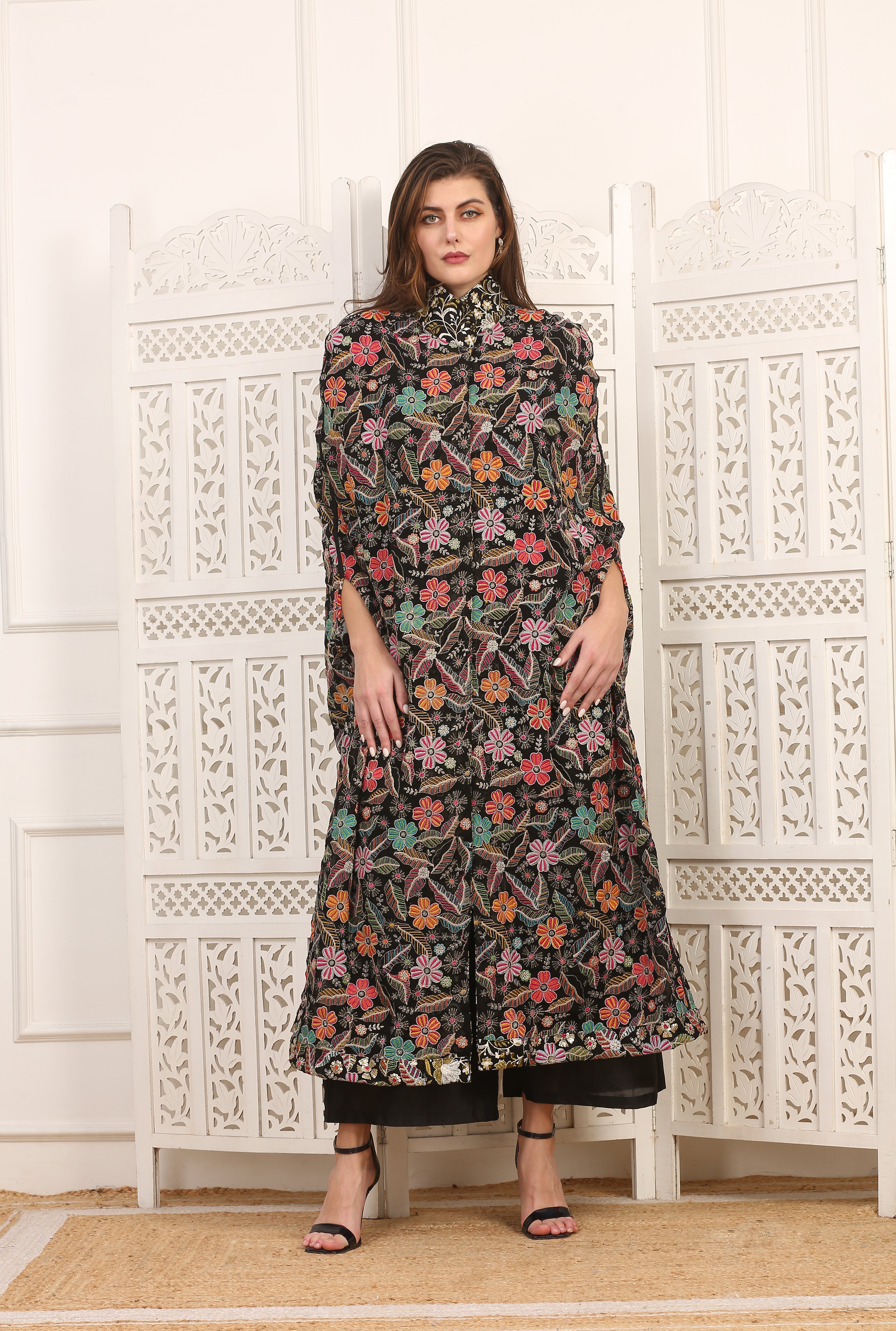 Soprabito Seta con Fiori Ricamati Multicolor