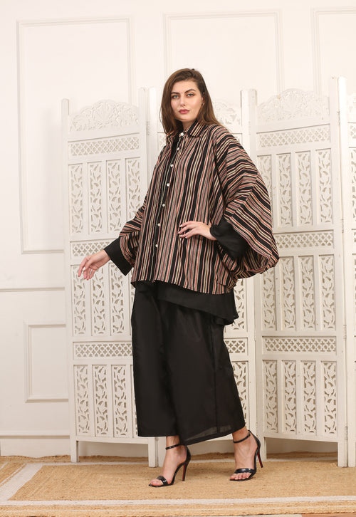 Camicia in Cotone a Righe con Maniche a Pipistrello