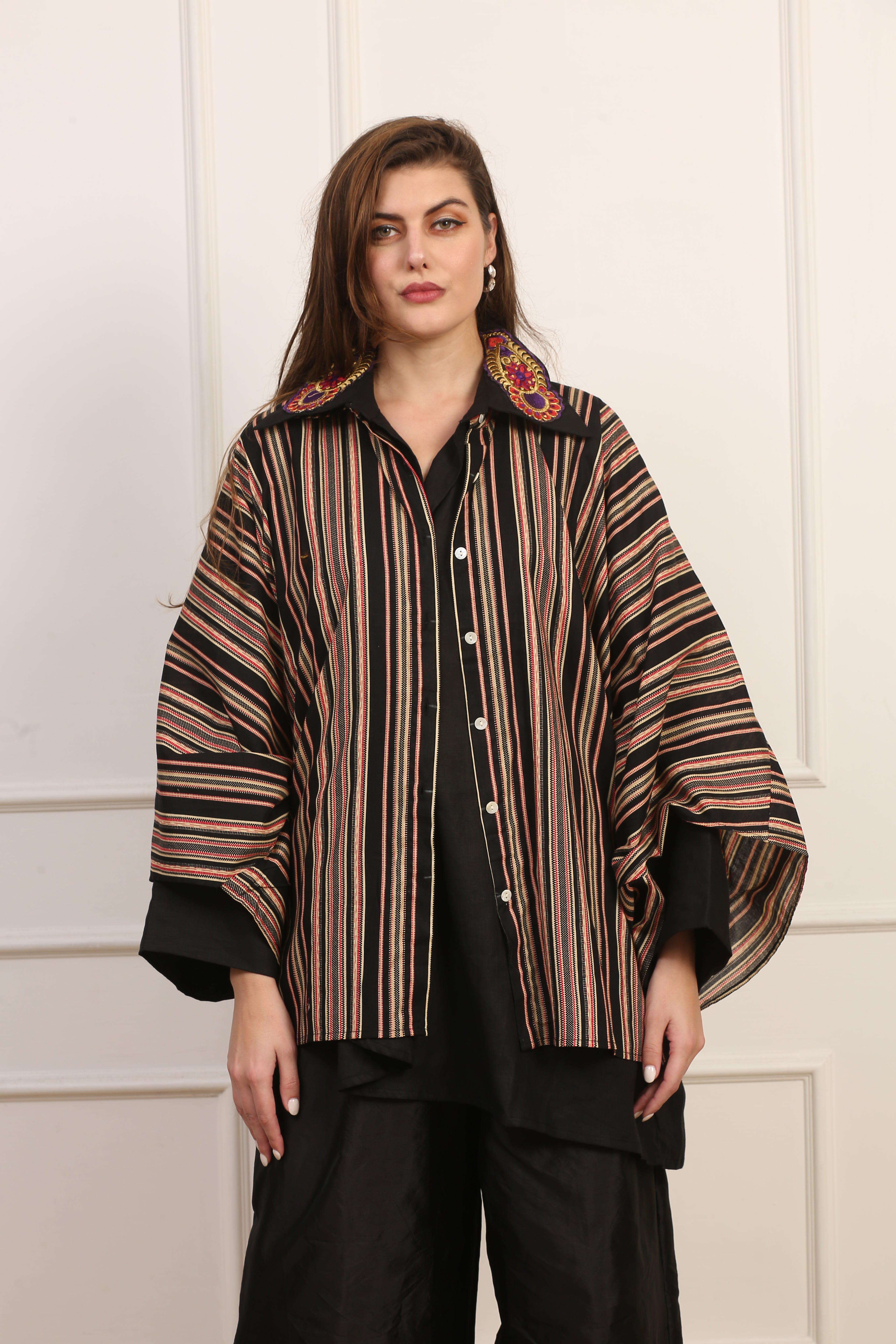 Camicia in Cotone a Righe con Maniche a Pipistrello