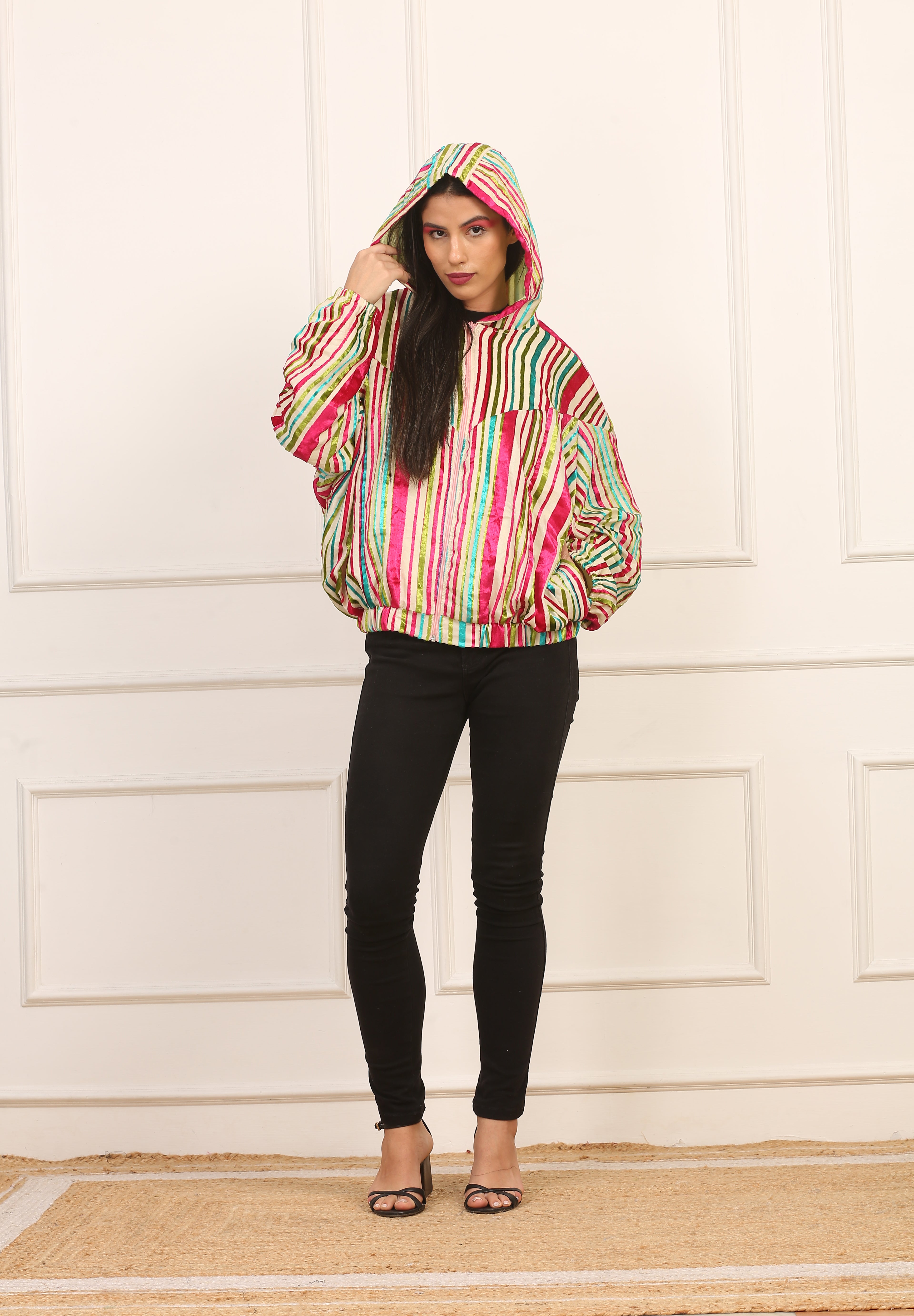 Giubbino con Cappuccio in Vellutino Multicolor a Righe