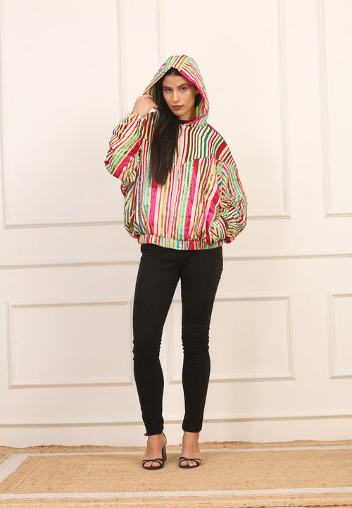 Giubbino con Cappuccio in Vellutino Multicolor a Righe