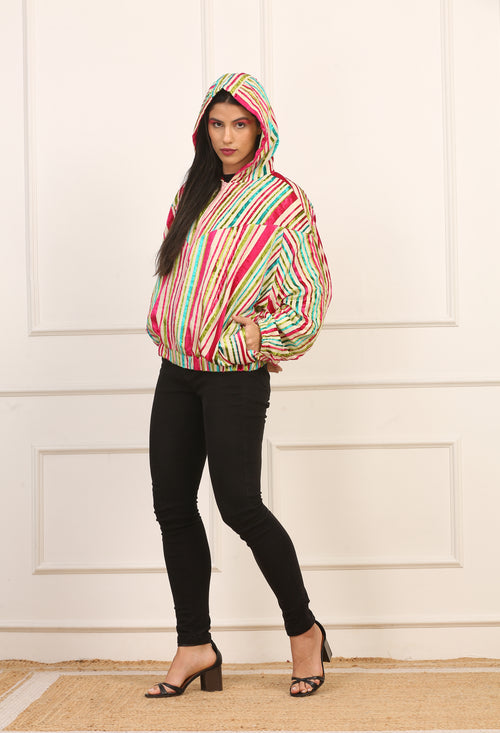 Giubbino con Cappuccio in Vellutino Multicolor a Righe