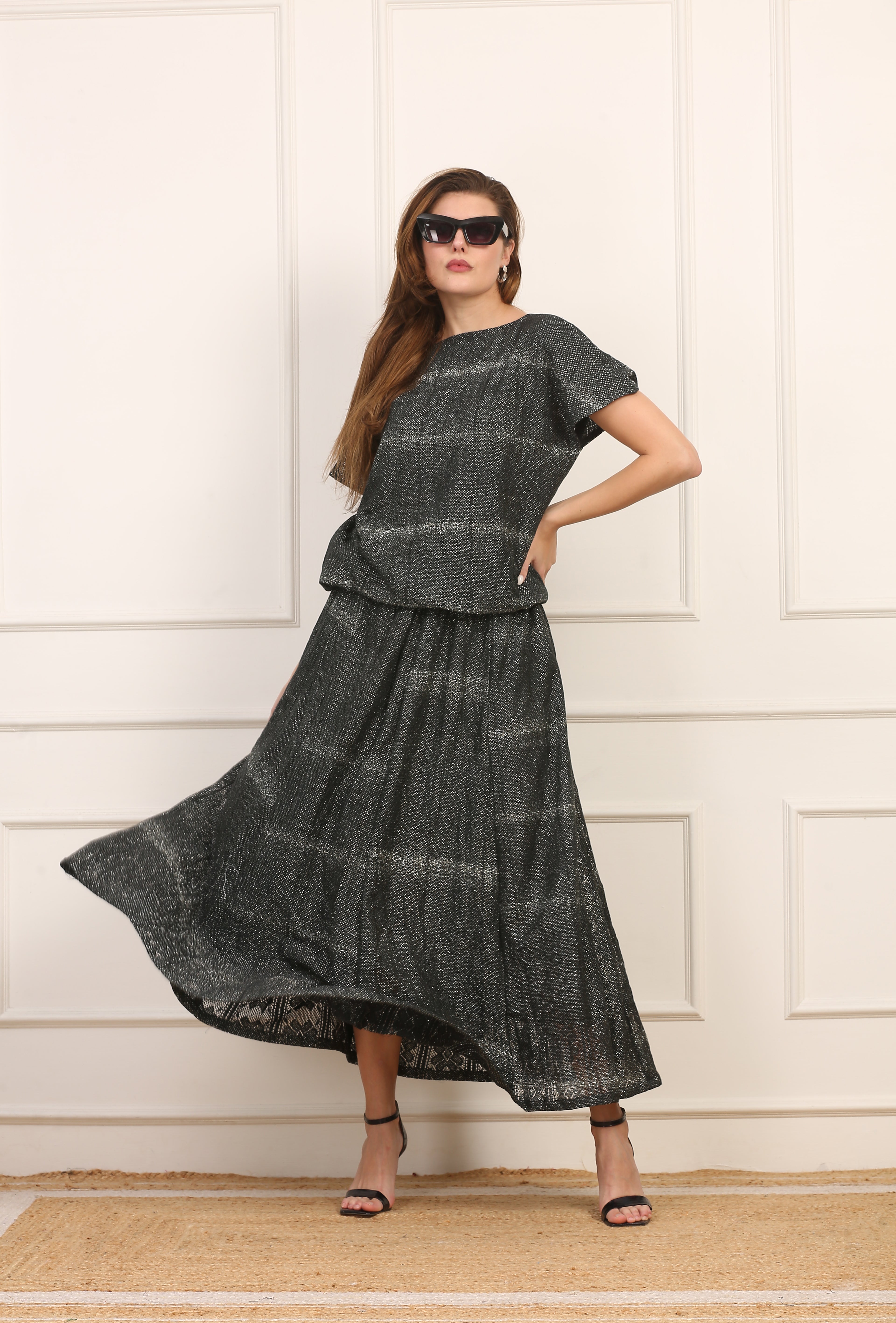 Gonna Midi in Macramè Maltinto Grigio