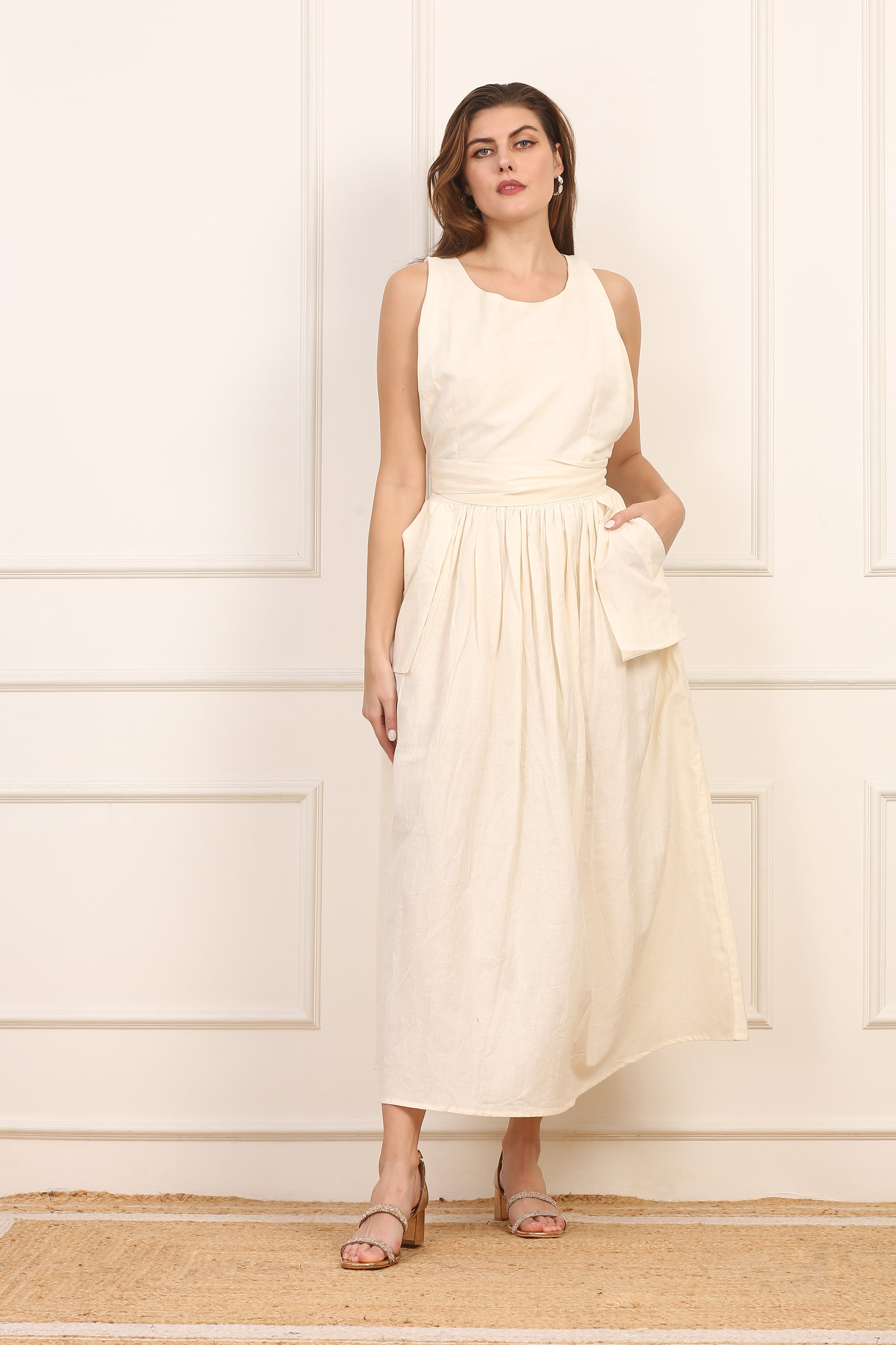 Abito Midi in Lino e Cotone con Schiena Incrociata - Beige Naturale