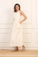 Abito Midi in Lino e Cotone con Schiena Incrociata - Beige Naturale