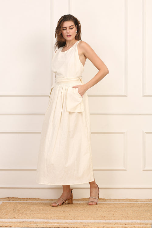 Abito Midi in Lino e Cotone con Schiena Incrociata - Beige Naturale