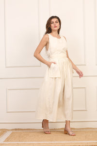 Abito Midi in Lino e Cotone con Schiena Incrociata - Beige Naturale