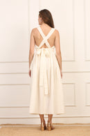 Abito Midi in Lino e Cotone con Schiena Incrociata - Beige Naturale