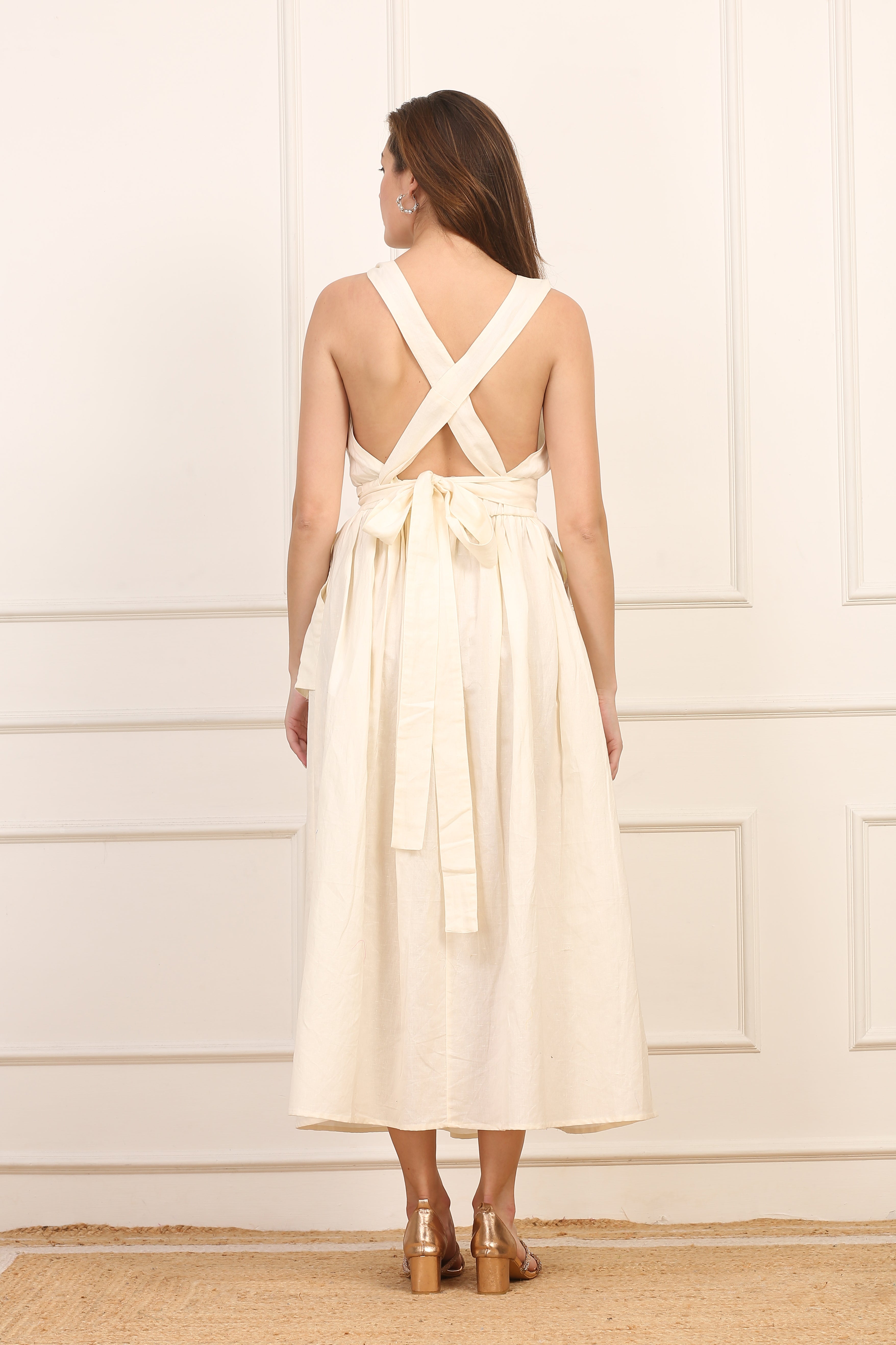 Abito Midi in Lino e Cotone con Schiena Incrociata - Beige Naturale