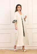 Abito in Lino e Cotone Beige con Inserti in Seta