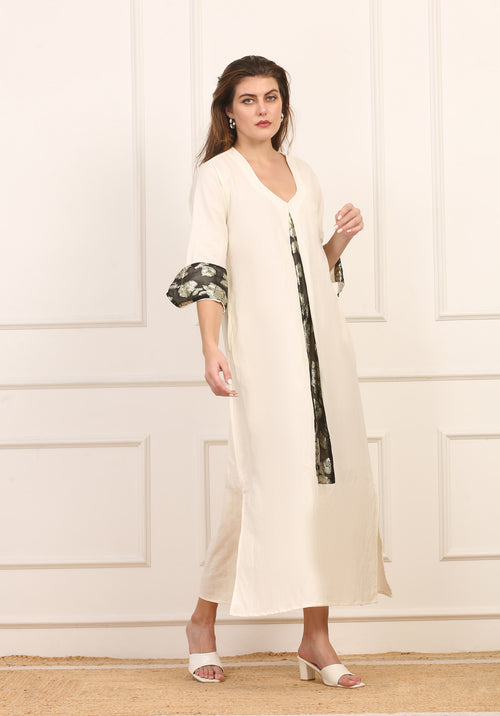 Abito in Lino e Cotone Beige con Inserti in Seta