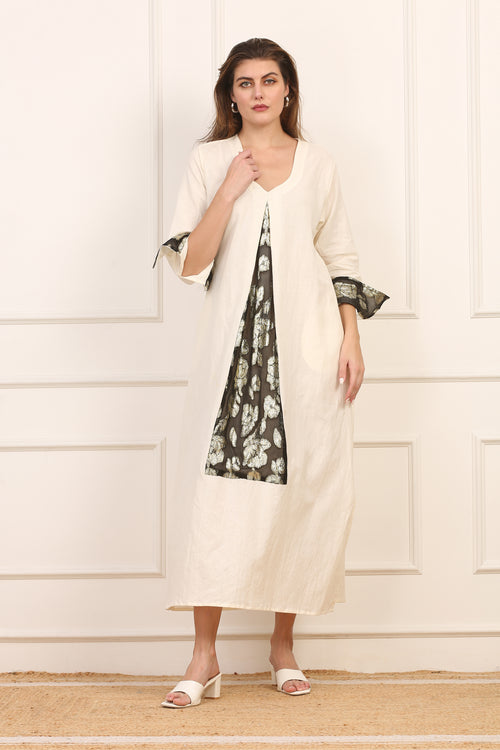 Abito in Lino e Cotone Beige con Inserti in Seta