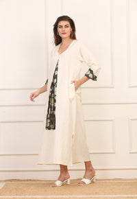 Abito in Lino e Cotone Beige con Inserti in Seta