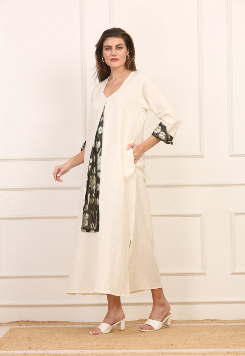 Abito in Lino e Cotone Beige con Inserti in Seta