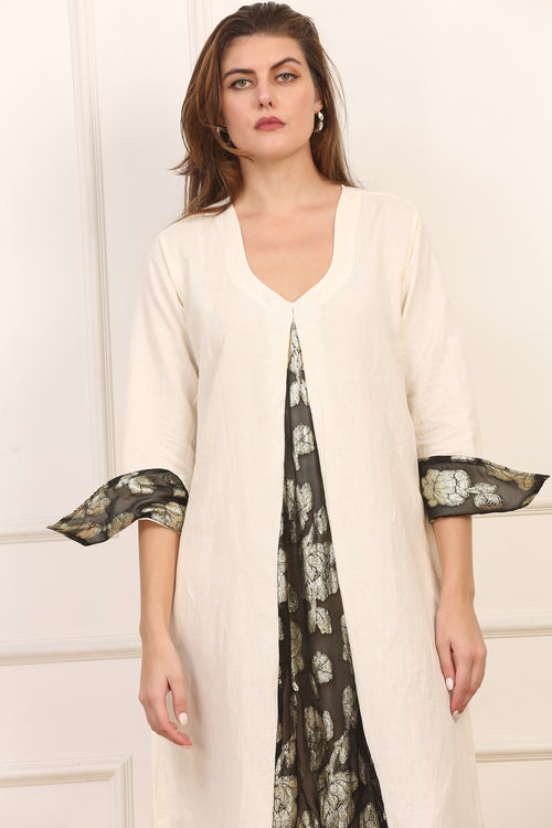 Abito in Lino e Cotone Beige con Inserti in Seta