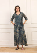 Abito Lungo in Cotone Maltinto Blu con Maniche a Tre Quarti