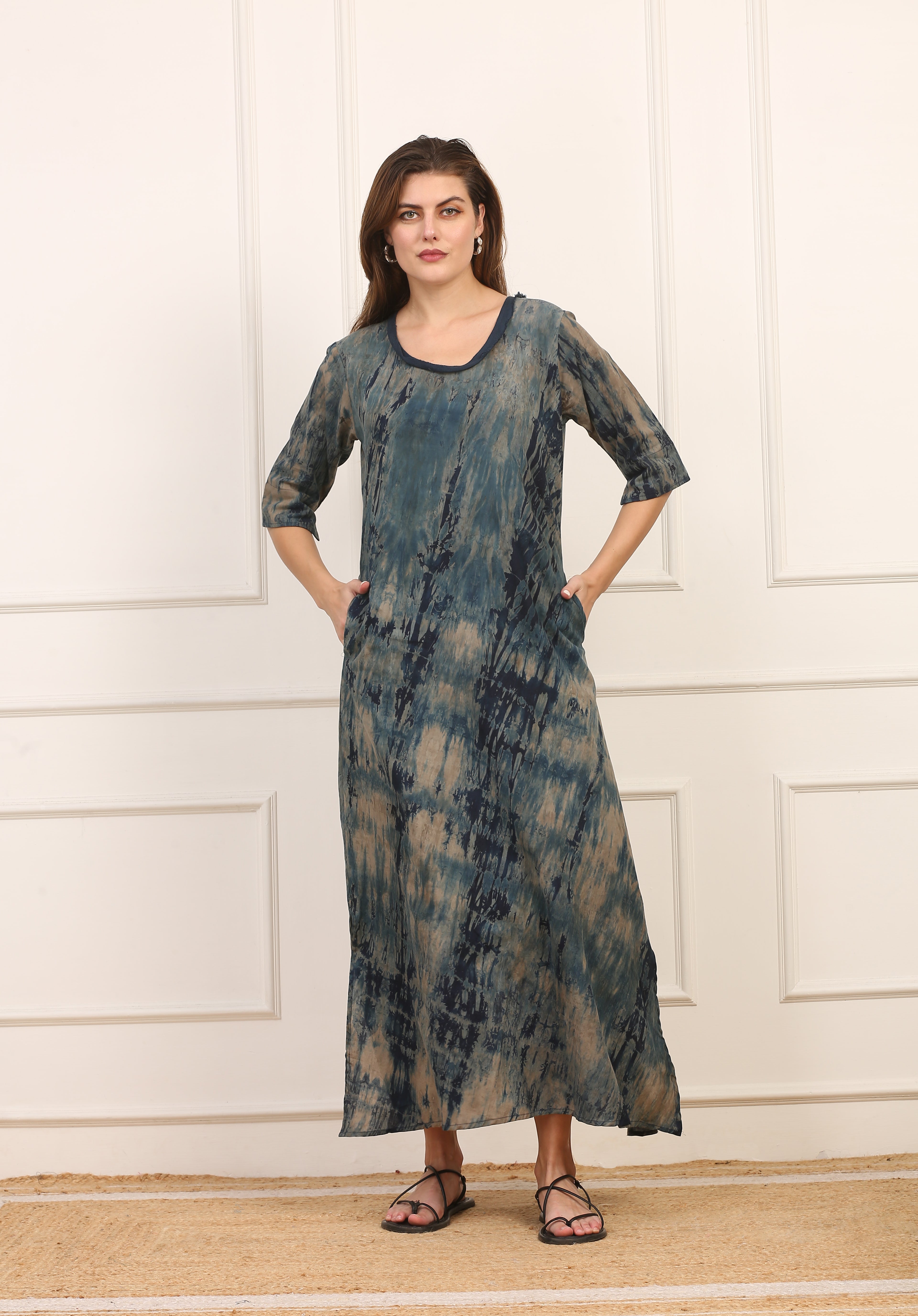 Abito Lungo in Cotone Maltinto Blu con Maniche a Tre Quarti