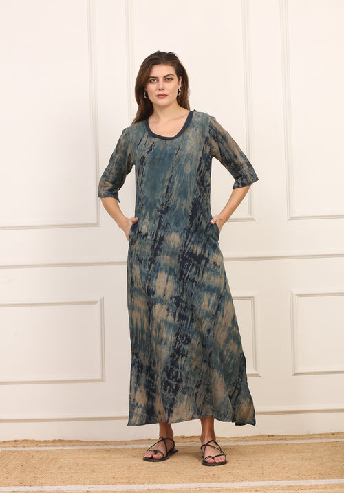 Abito Lungo in Cotone Maltinto Blu con Maniche a Tre Quarti