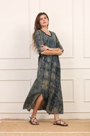 Abito Lungo in Cotone Maltinto Blu con Maniche a Tre Quarti