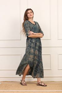 Abito Lungo in Cotone Maltinto Blu con Maniche a Tre Quarti