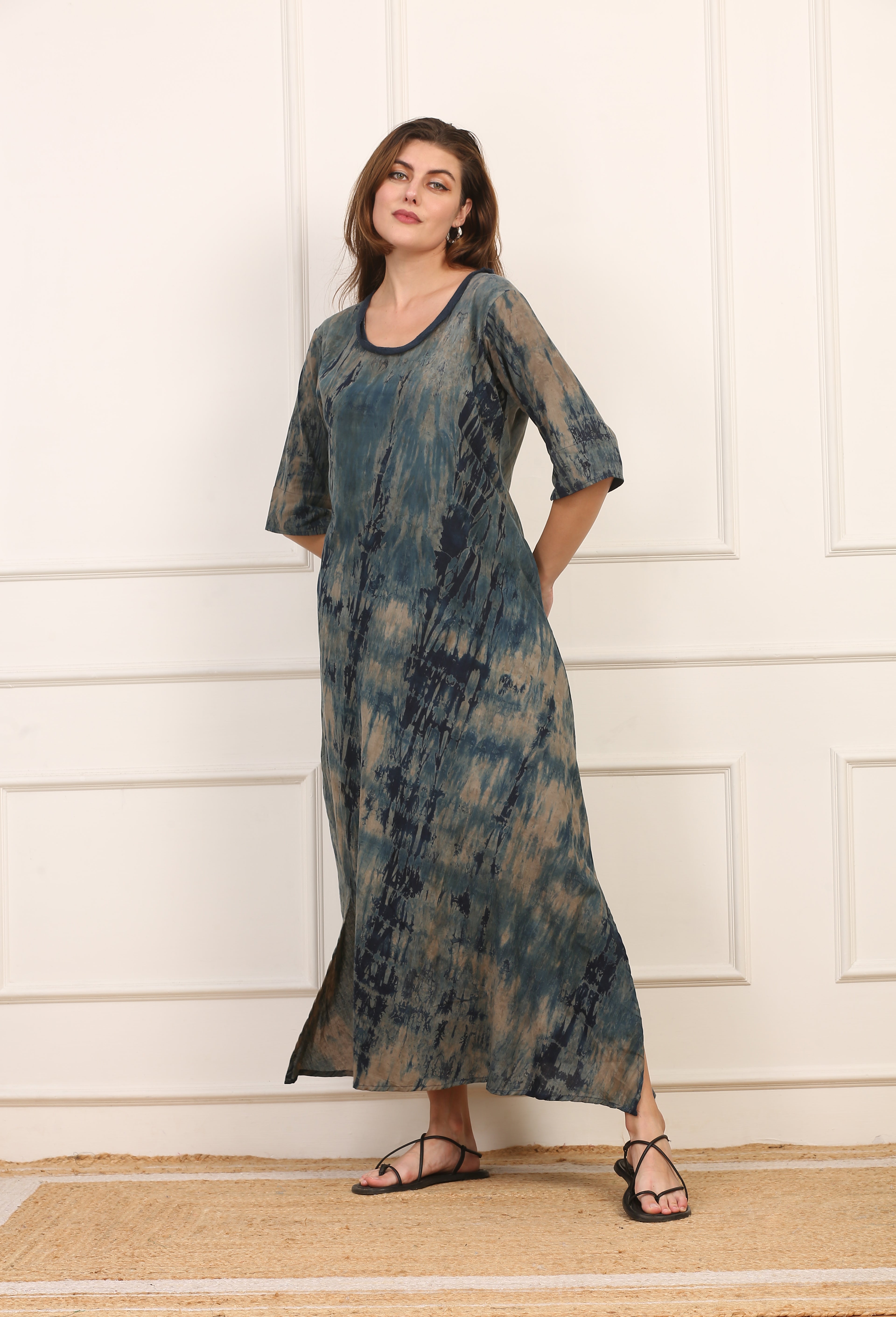 Abito Lungo in Cotone Maltinto Blu con Maniche a Tre Quarti