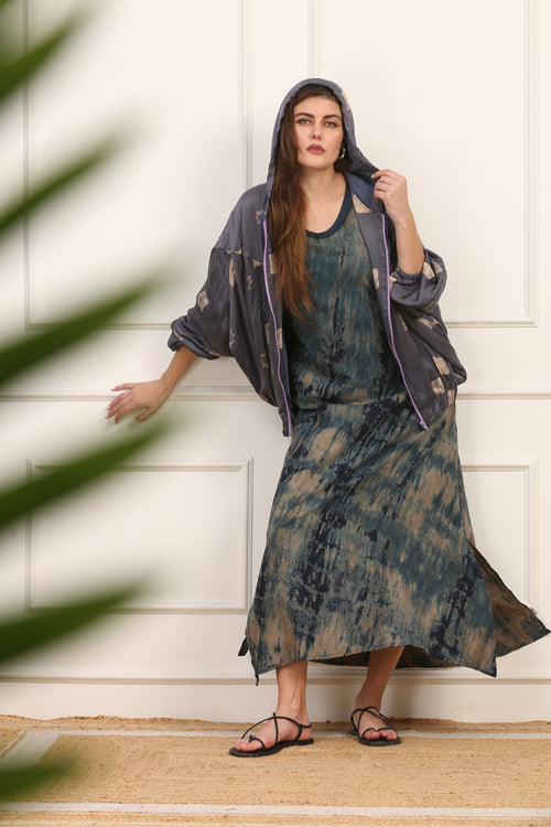 Giubbino con Cappuccio in Seta Shibori Viola con Motivi Geometrici