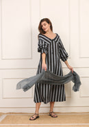 Abito Midi a Righe Grigie e Nere in Cotone con Maniche a Volant