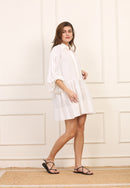 Mini Abito in Cotone Bianco con Ricami Sangallo e Maniche a Balze