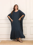 Kaftano Versatile in Cotone Blu con Bordi Sfrangiati