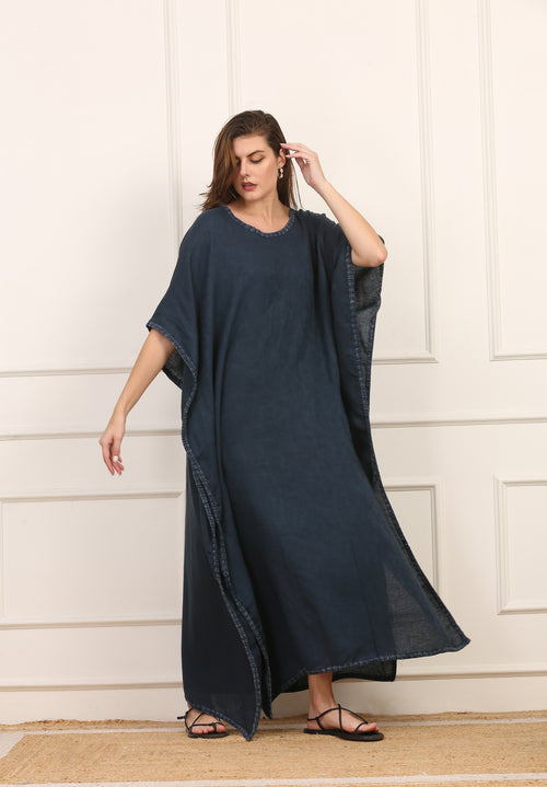 Kaftano Versatile in Cotone Blu con Bordi Sfrangiati