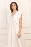 Abito Midi in Lino e Cotone Bianco con Volant e Applicazioni Argento