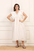 Abito Midi in Lino e Cotone Bianco con Volant e Applicazioni Argento