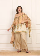 Stola in Seta Beige con Frange Artigianali Multicolor