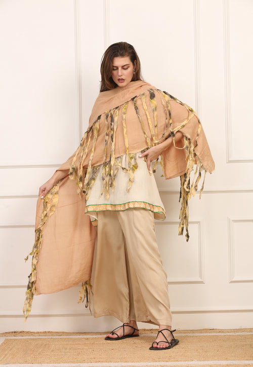Stola in Seta Beige con Frange Artigianali Multicolor