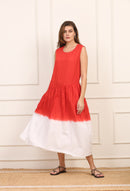 Abito Midi in Lino Cotone Bicolore Rosso e Bianco con Effetto Dip-Dye