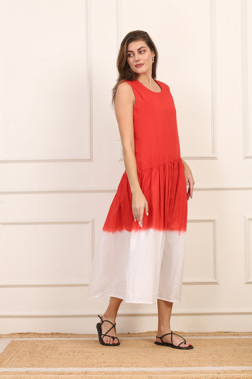 Abito Midi in Lino Cotone Bicolore Rosso e Bianco con Effetto Dip-Dye