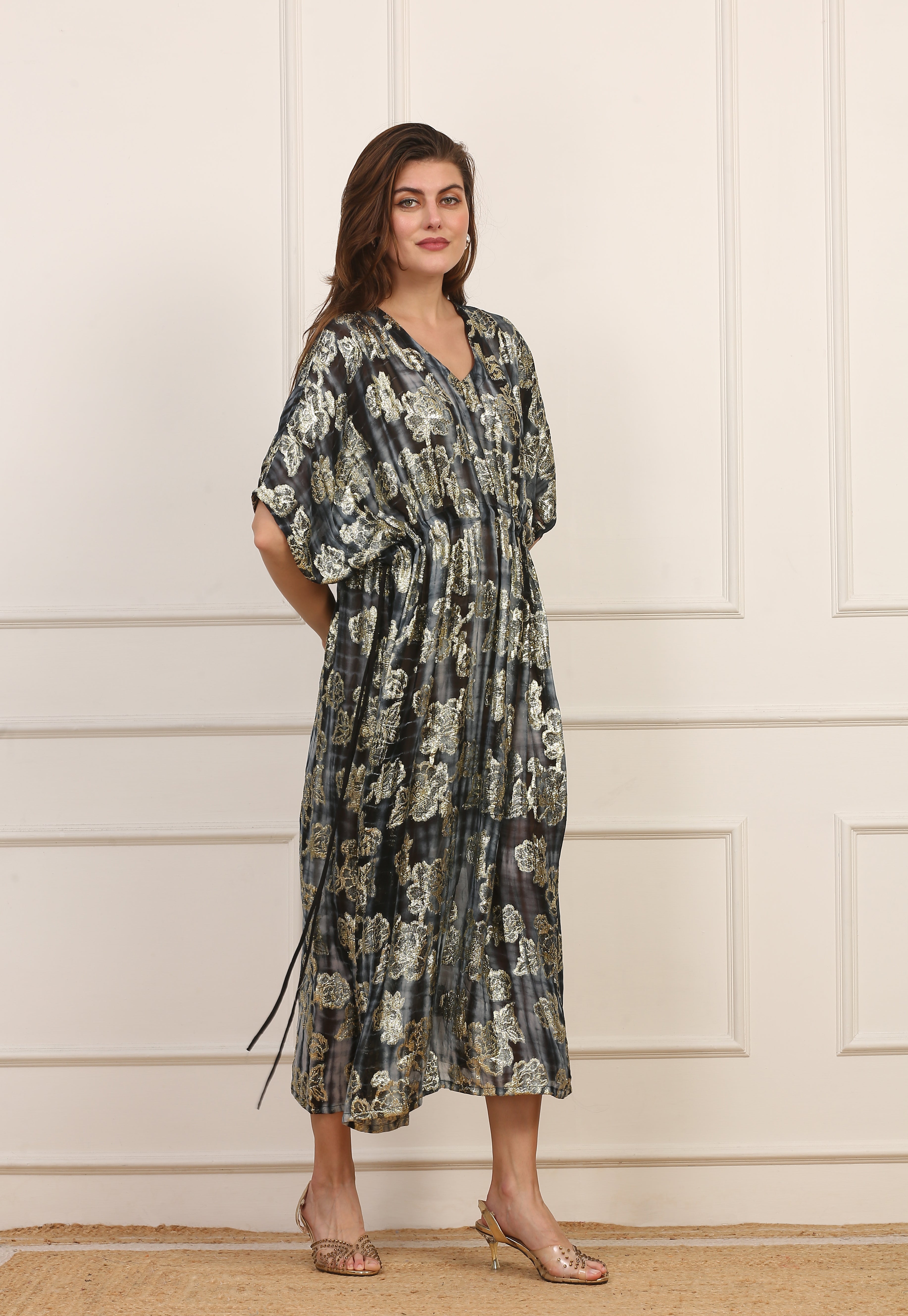 Kaftano Seta Blu e Oro con Ricami