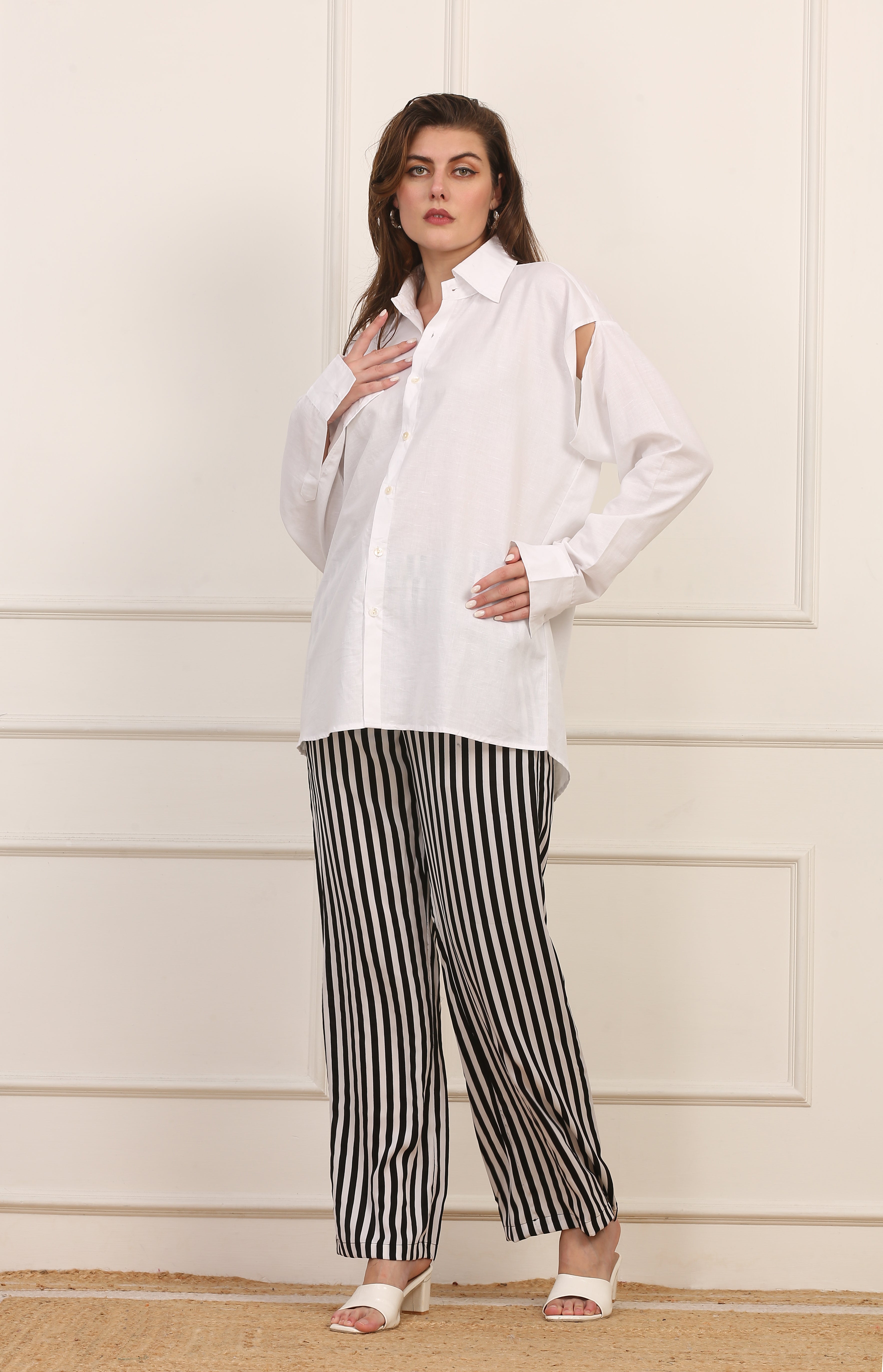Pantalone in Viscosa a Righe Bianco e Nero