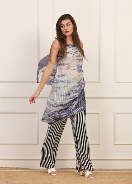Pareo Versatile in Seta Shibori Bianco e Blu