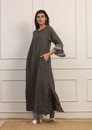 Kaftano Versatile in Lino Grigio con Bordi Cotone Multicolor