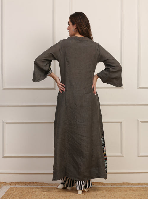 Kaftano Versatile in Lino Grigio con Bordi Cotone Multicolor