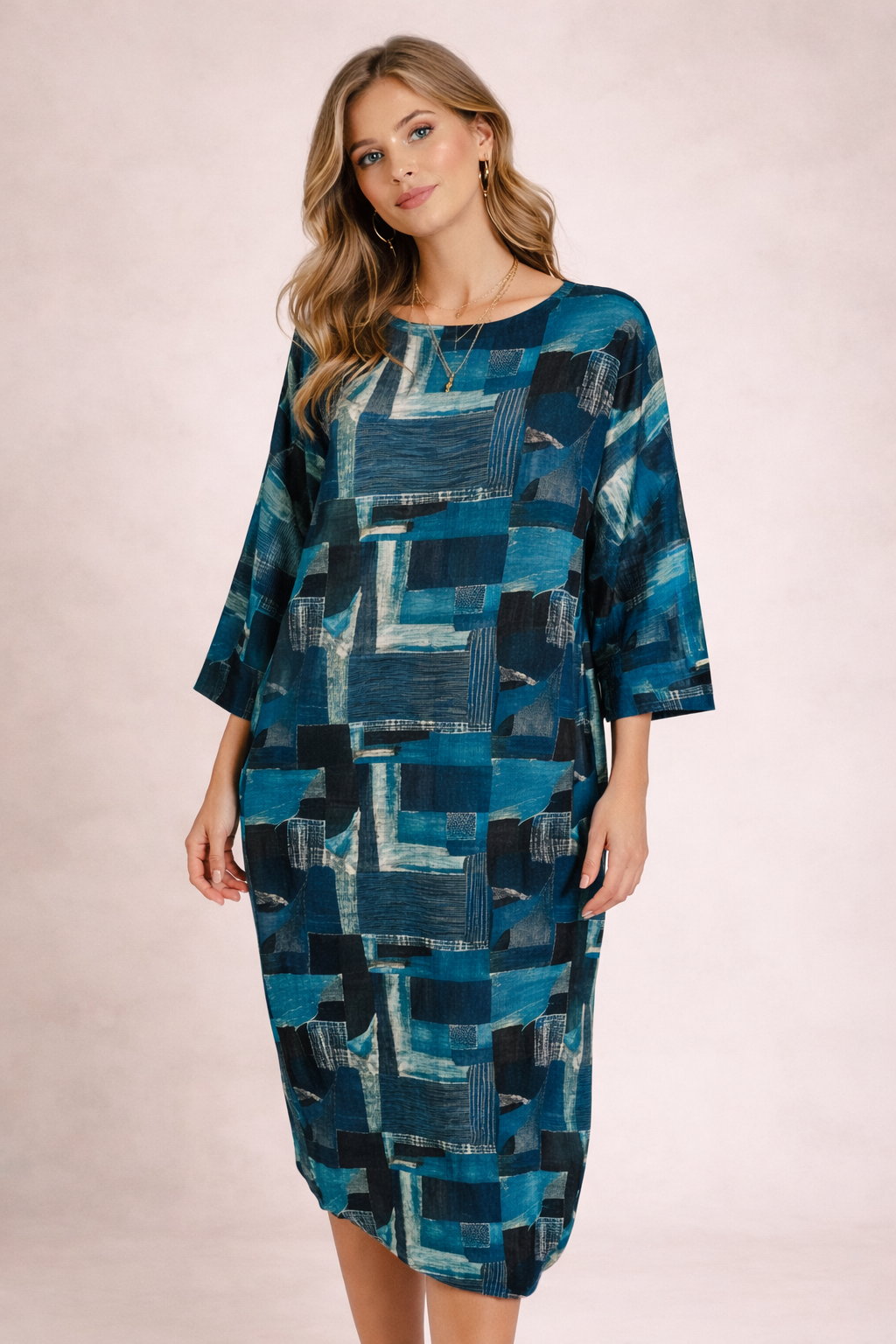 Kaftan in Cotone con Stampa Patch Geometrica