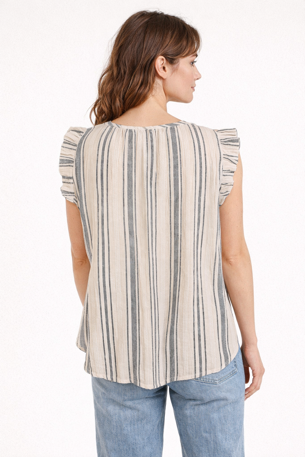 Blusa in Cotone a Righe con Maniche a Volant