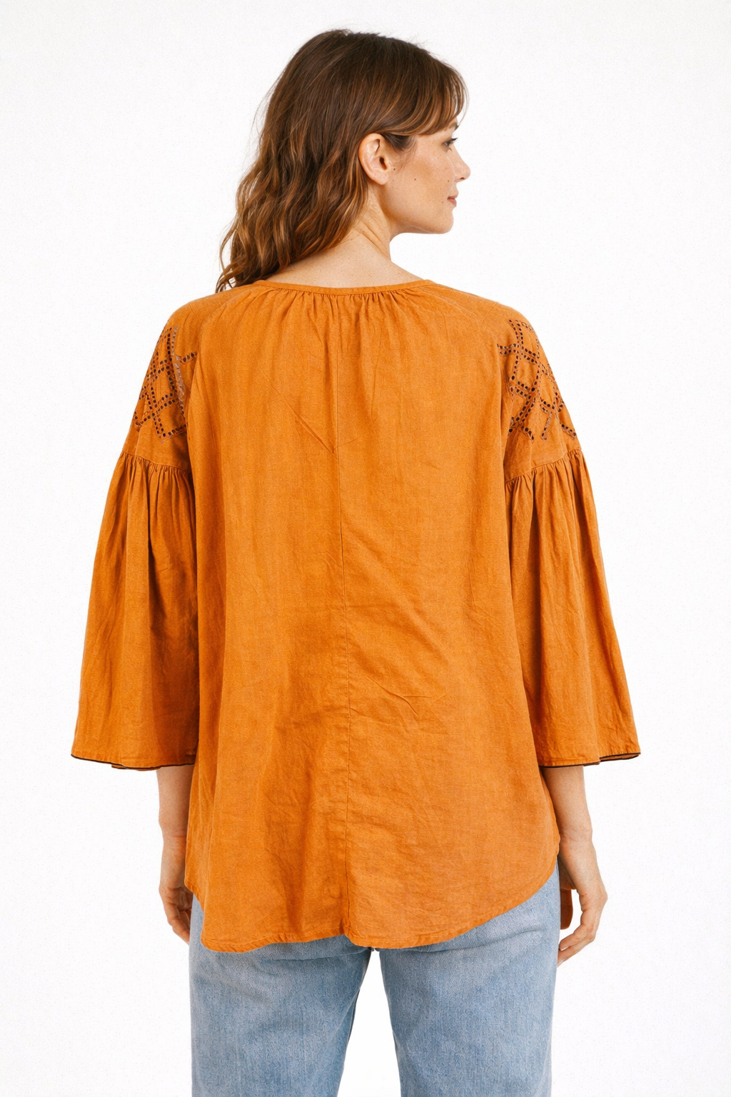 Blusa in Cotone con Inserti Sangallo – Camel