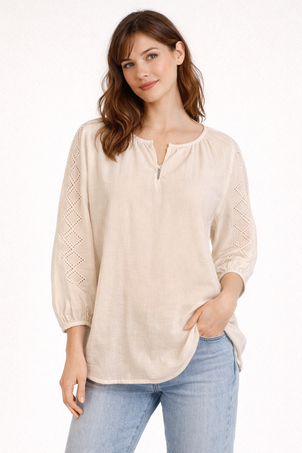Blusa in Cotone con Inserti Sangallo