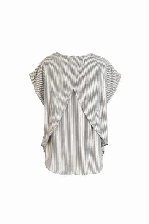 Blusa in Cotone a Righe Azzurro Sbiadito e Bianco con Drappeggio sul Retro