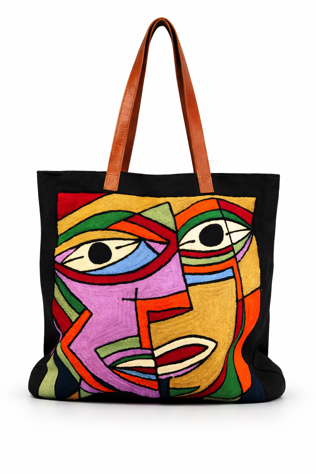 Tote Bag in Cotone Nero con Ricamo Cubista Cucito a Mano