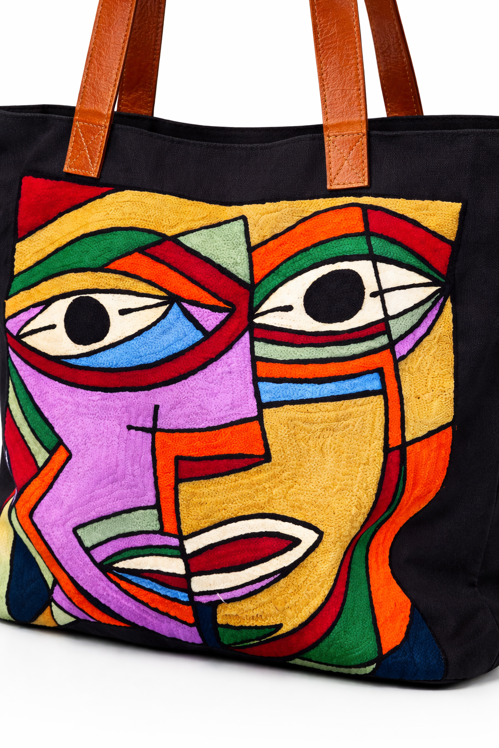 Tote Bag in Cotone Nero con Ricamo Cubista Cucito a Mano