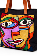 Tote Bag in Cotone Nero con Ricamo Cubista Cucito a Mano